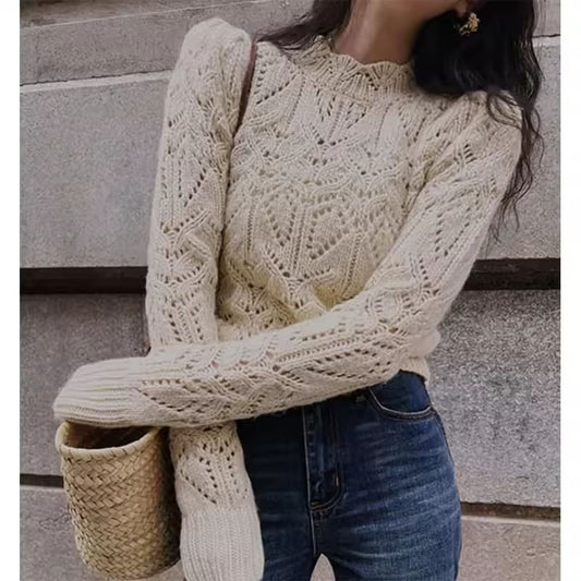 Vintage Cropped Sweater Women Elegant Hollow Out Knitted Pullovers Streetwear Korean Knitwear Spring Office Lady Casual Jumpers